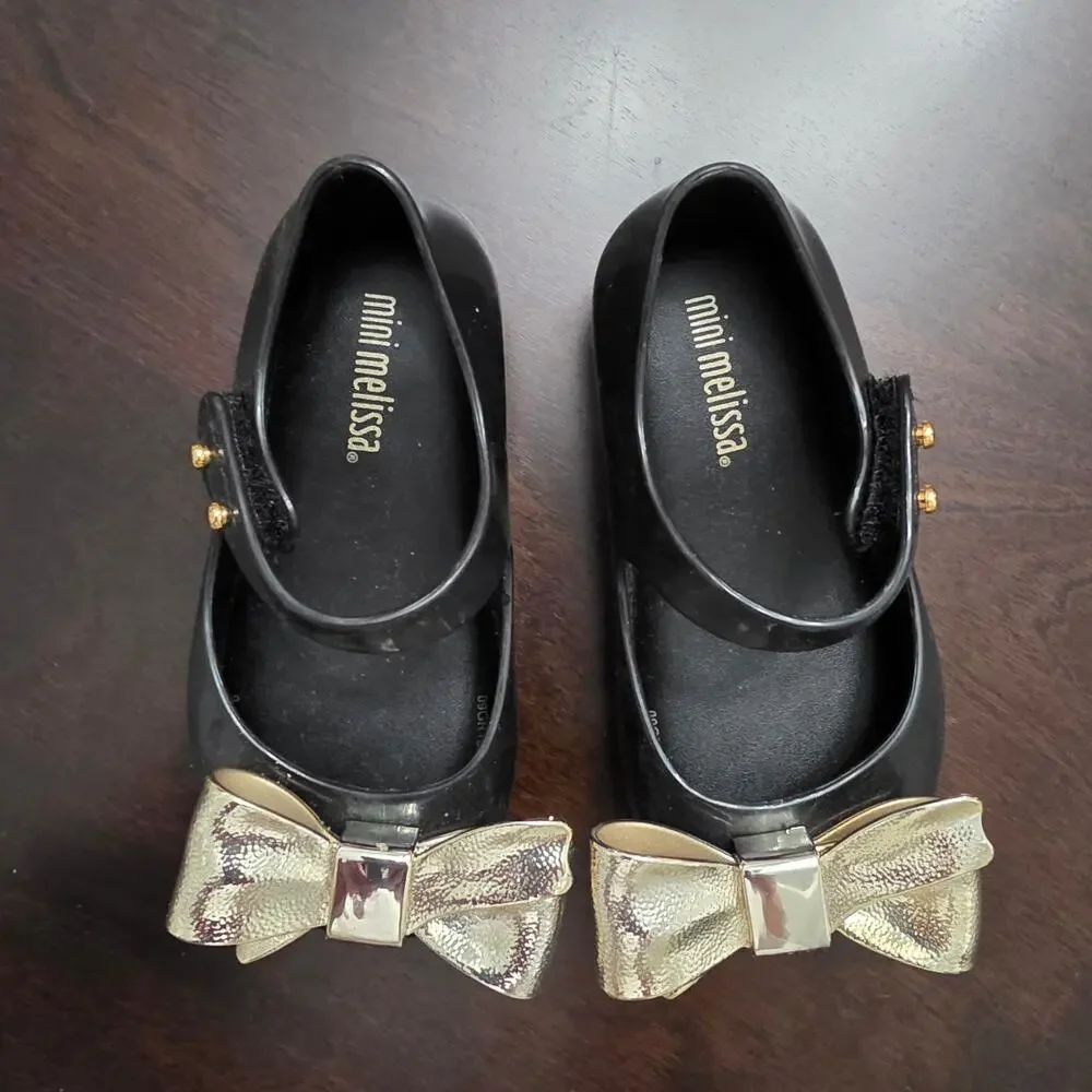 Mini Melissa Mary Jane Black Gold Bow Flat Size 6